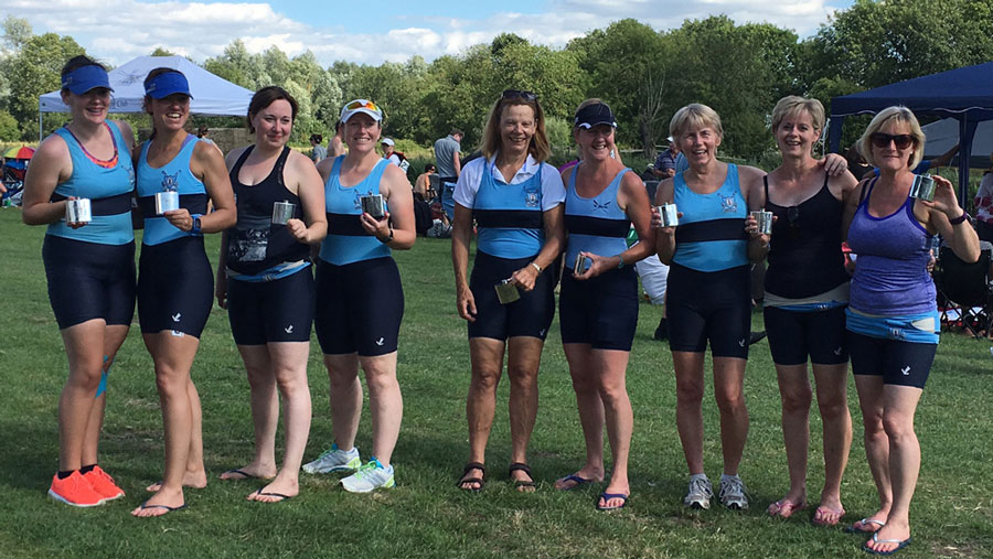 Tash Holdaway (cox), Jaione Echeveste, Ali Young, Corinne Henson, Helen Knowles, Ali Brown, Marlene Taylor, Sarah Davies and Dionne Page after their women’s masters D 8+ victory.